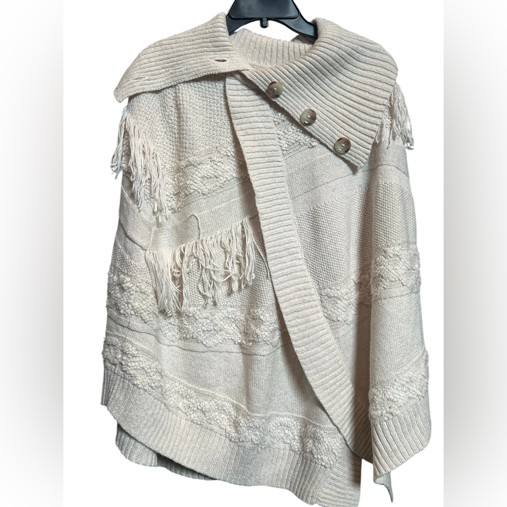 Ivory Knit Sweater Cape With Fringe